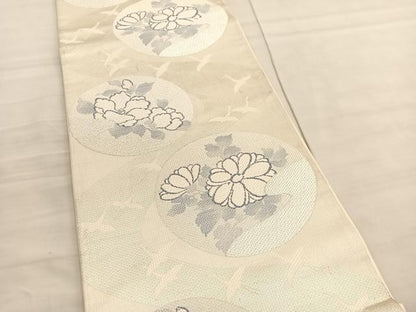 平和屋着物◎六通柄袋帯　飛鶴椿菊丸文　銀糸　正絹　逸品　BAAV3962hv