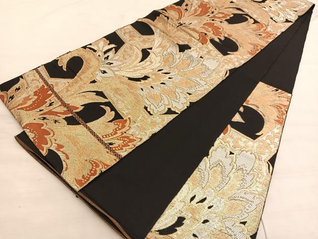 平和屋着物◎六通柄　京袋帯　唐織　更紗花文　黒地　金糸　正絹　逸品　BAAV3968hv