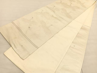 平和屋着物◎六通柄袋帯 朱鷺 とき 銀糸 正絹 逸品 BAAV3969hv