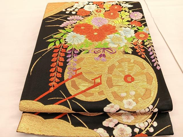 平和屋着物◎六通柄袋帯　唐織　花車文　黒地　金銀糸　正絹　逸品　BAAV3978hv