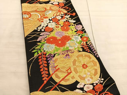 平和屋着物◎六通柄袋帯　唐織　花車文　黒地　金銀糸　正絹　逸品　BAAV3978hv