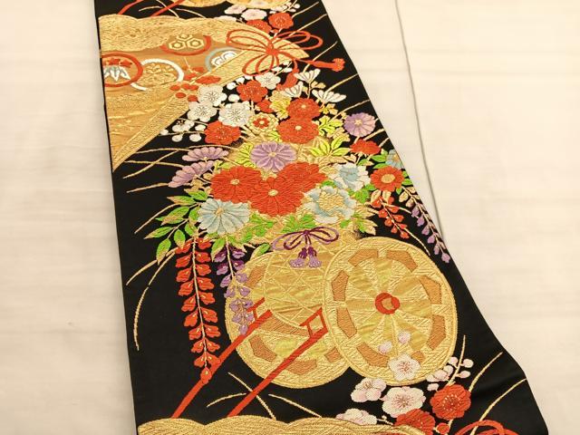 平和屋着物◎六通柄袋帯　唐織　花車文　黒地　金銀糸　正絹　逸品　BAAV3978hv