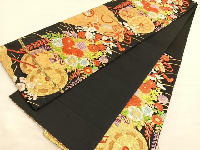 平和屋着物◎六通柄袋帯　唐織　花車文　黒地　金銀糸　正絹　逸品　BAAV3978hv