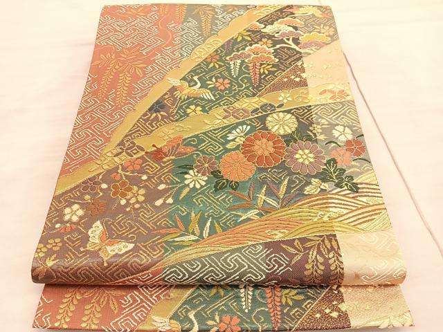 平和屋着物◎六通柄袋帯　唐織　立波飛鶴花蝶文　金糸　正絹　逸品　BAAV3983hv