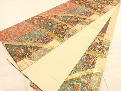 平和屋着物◎六通柄袋帯　唐織　立波飛鶴花蝶文　金糸　正絹　逸品　BAAV3983hv