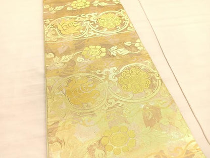 平和屋着物◎六通柄袋帯　横段花唐草文　金糸　引箔　正絹　逸品　BAAV3989hv