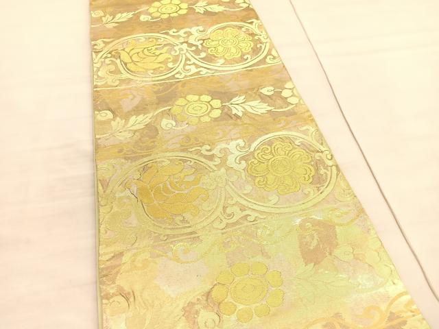 平和屋着物◎六通柄袋帯　横段花唐草文　金糸　引箔　正絹　逸品　BAAV3989hv