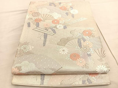 平和屋着物◎六通柄袋帯　唐織　陵小袖　扇面花文　銀糸　正絹　逸品　BAAV3990hv