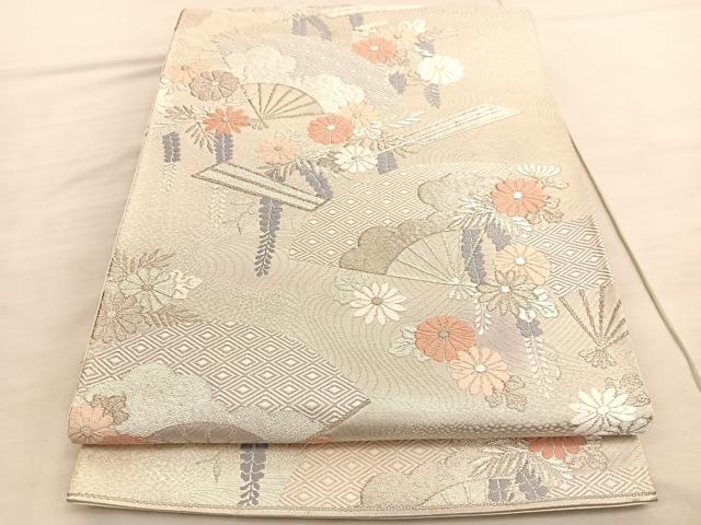 平和屋着物◎六通柄袋帯　唐織　陵小袖　扇面花文　銀糸　正絹　逸品　BAAV3990hv