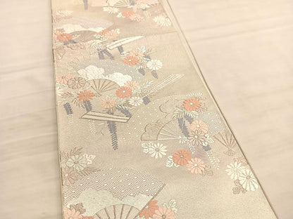 平和屋着物◎六通柄袋帯　唐織　陵小袖　扇面花文　銀糸　正絹　逸品　BAAV3990hv