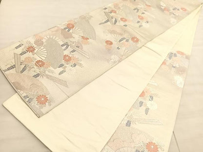 平和屋着物◎六通柄袋帯　唐織　陵小袖　扇面花文　銀糸　正絹　逸品　BAAV3990hv