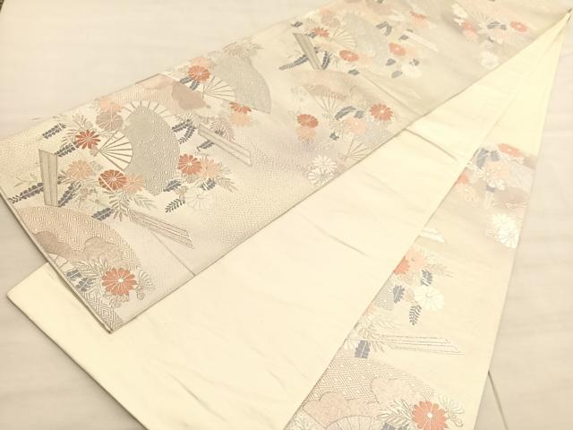 平和屋着物◎六通柄袋帯　唐織　陵小袖　扇面花文　銀糸　正絹　逸品　BAAV3990hv