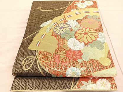 平和屋着物◎佐賀錦　六通柄袋帯　唐織　有職扇面文　金銀糸　正絹　逸品　BAAV3991hv