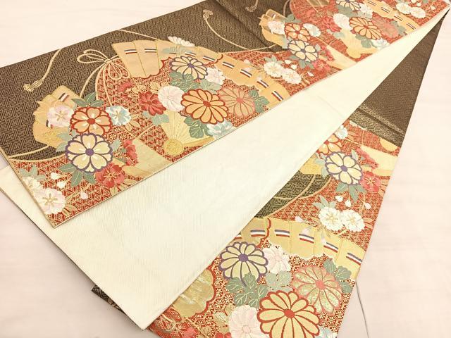 平和屋着物◎佐賀錦　六通柄袋帯　唐織　有職扇面文　金銀糸　正絹　逸品　BAAV3991hv