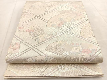 平和屋着物◎六通柄袋帯　唐織　扇面花文　銀糸　正絹　逸品　BAAV4003yc