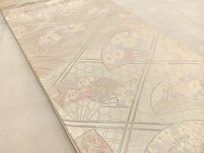 平和屋着物◎六通柄袋帯　唐織　扇面花文　銀糸　正絹　逸品　BAAV4003yc