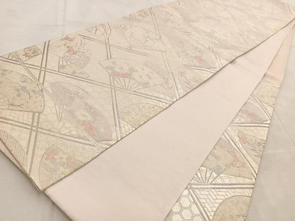 平和屋着物◎六通柄袋帯　唐織　扇面花文　銀糸　正絹　逸品　BAAV4003yc
