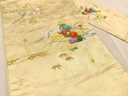 平和屋着物◎九寸名古屋帯　刺繍　秋草文　金銀糸　正絹　逸品　BAAV4058yc