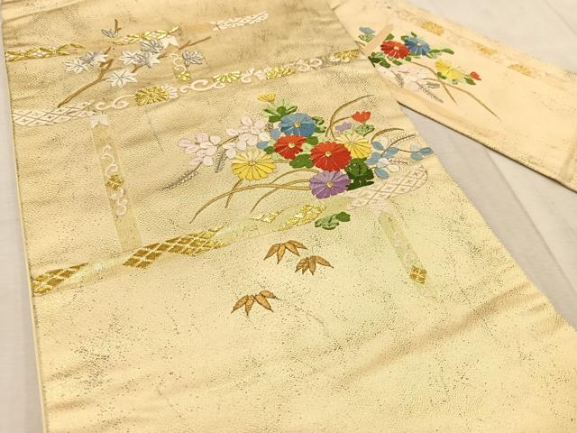 平和屋着物◎九寸名古屋帯　刺繍　秋草文　金銀糸　正絹　逸品　BAAV4058yc