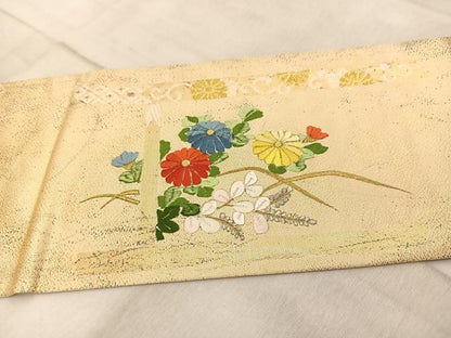 平和屋着物◎九寸名古屋帯　刺繍　秋草文　金銀糸　正絹　逸品　BAAV4058yc