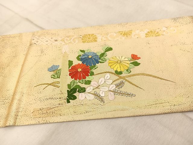 平和屋着物◎九寸名古屋帯　刺繍　秋草文　金銀糸　正絹　逸品　BAAV4058yc
