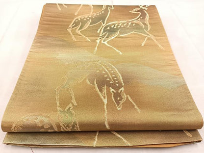 平和屋着物◎六通柄袋帯　鹿　金糸　引箔　正絹　逸品　BAAV4130yc