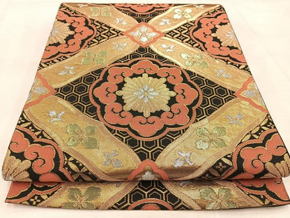 平和屋着物◎六通柄袋帯　吉祥花菱文　黒地　金銀糸　正絹　逸品　BAAV4139yc