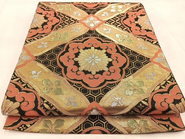 平和屋着物◎六通柄袋帯　吉祥花菱文　黒地　金銀糸　正絹　逸品　BAAV4139yc