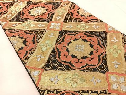 平和屋着物◎六通柄袋帯　吉祥花菱文　黒地　金銀糸　正絹　逸品　BAAV4139yc