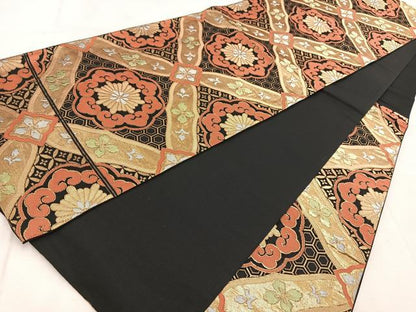 平和屋着物◎六通柄袋帯　吉祥花菱文　黒地　金銀糸　正絹　逸品　BAAV4139yc