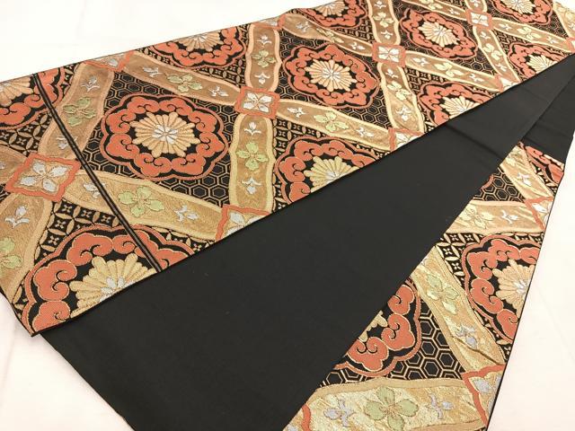 平和屋着物◎六通柄袋帯　吉祥花菱文　黒地　金銀糸　正絹　逸品　BAAV4139yc
