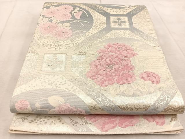 平和屋着物◎六通柄袋帯 唐織 蜀江花文 銀糸 正絹 逸品 BAAV4145yc