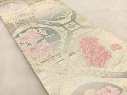 平和屋着物◎六通柄袋帯 唐織 蜀江花文 銀糸 正絹 逸品 BAAV4145yc