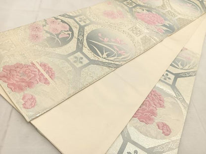 平和屋着物◎六通柄袋帯 唐織 蜀江花文 銀糸 正絹 逸品 BAAV4145yc