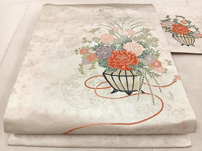 平和屋着物◎九寸名古屋帯　唐織　飾花文　銀糸　引箔　正絹　逸品　BAAV4174yc