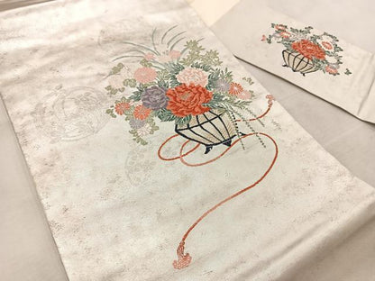 平和屋着物◎九寸名古屋帯　唐織　飾花文　銀糸　引箔　正絹　逸品　BAAV4174yc