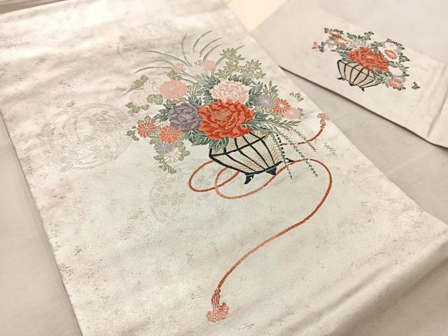 平和屋着物◎九寸名古屋帯　唐織　飾花文　銀糸　引箔　正絹　逸品　BAAV4174yc