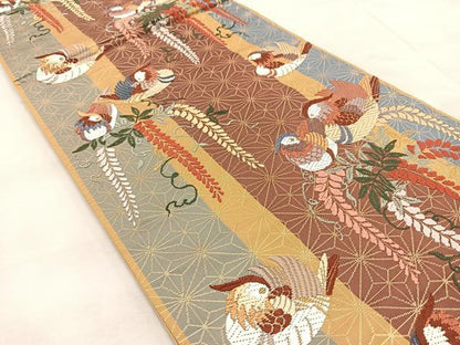 平和屋着物●六通柄袋帯 唐織 麻地紋鴛鴦文様 金糸 正絹 逸品 BAAV4181yc