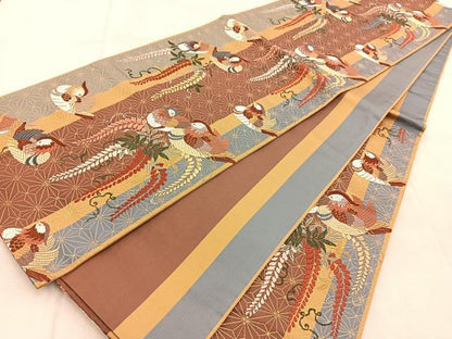 平和屋着物●六通柄袋帯 唐織 麻地紋鴛鴦文様 金糸 正絹 逸品 BAAV4181yc