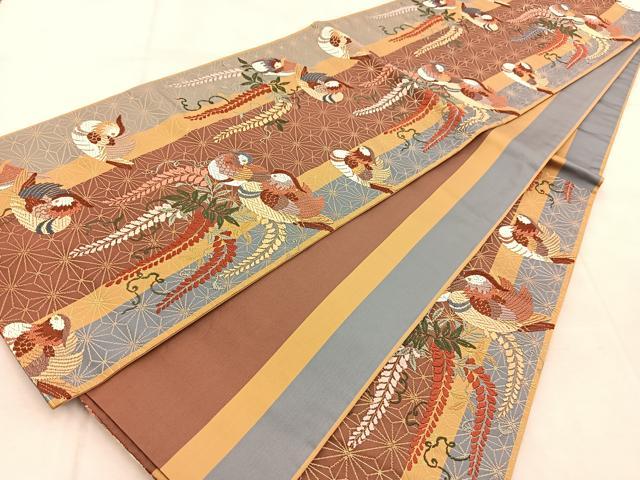 平和屋着物●六通柄袋帯 唐織 麻地紋鴛鴦文様 金糸 正絹 逸品 BAAV4181yc