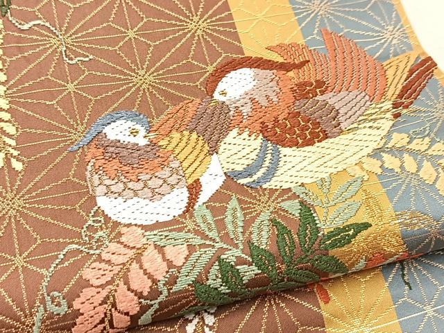 平和屋着物●六通柄袋帯 唐織 麻地紋鴛鴦文様 金糸 正絹 逸品 BAAV4181yc