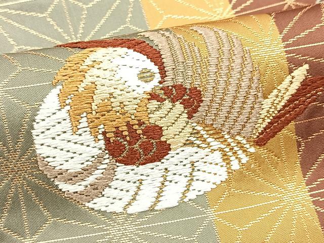 平和屋着物●六通柄袋帯 唐織 麻地紋鴛鴦文様 金糸 正絹 逸品 BAAV4181yc