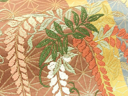 平和屋着物●六通柄袋帯 唐織 麻地紋鴛鴦文様 金糸 正絹 逸品 BAAV4181yc