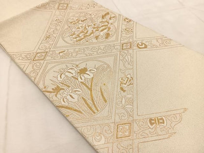 平和屋着物◎太鼓柄袋帯　綴れ　格天井花文　金彩　正絹　逸品　BAAV4202yc