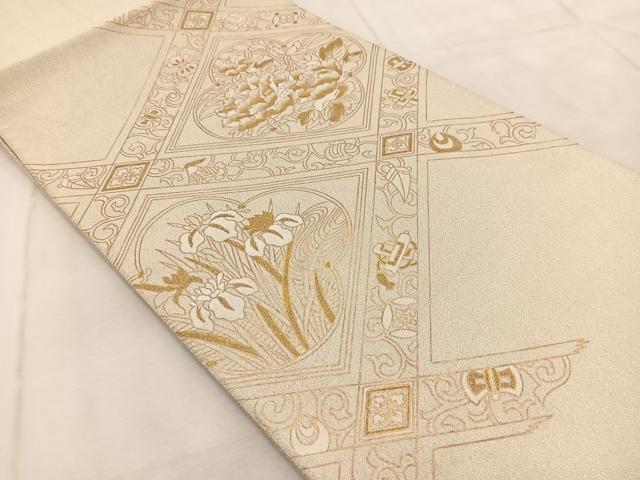 平和屋着物◎太鼓柄袋帯　綴れ　格天井花文　金彩　正絹　逸品　BAAV4202yc