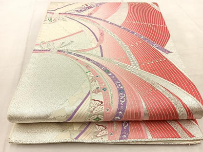 平和屋着物◎六通柄袋帯 唐織 束ね熨斗吉祥花文 銀糸 正絹 逸品 BAAV4215yc