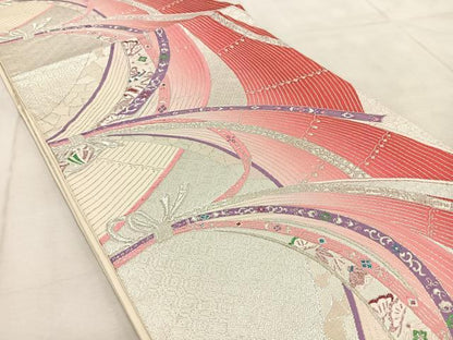 平和屋着物◎六通柄袋帯 唐織 束ね熨斗吉祥花文 銀糸 正絹 逸品 BAAV4215yc