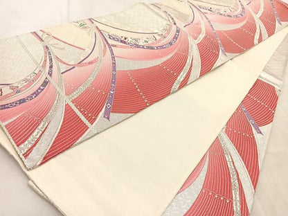 平和屋着物◎六通柄袋帯 唐織 束ね熨斗吉祥花文 銀糸 正絹 逸品 BAAV4215yc