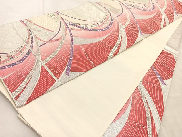 平和屋着物◎六通柄袋帯 唐織 束ね熨斗吉祥花文 銀糸 正絹 逸品 BAAV4215yc