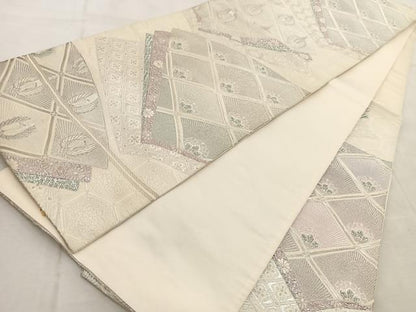 平和屋着物◎六通柄袋帯 唐織 地紙取飛鶴松花文 銀糸 正絹 逸品 BAAV4220yc